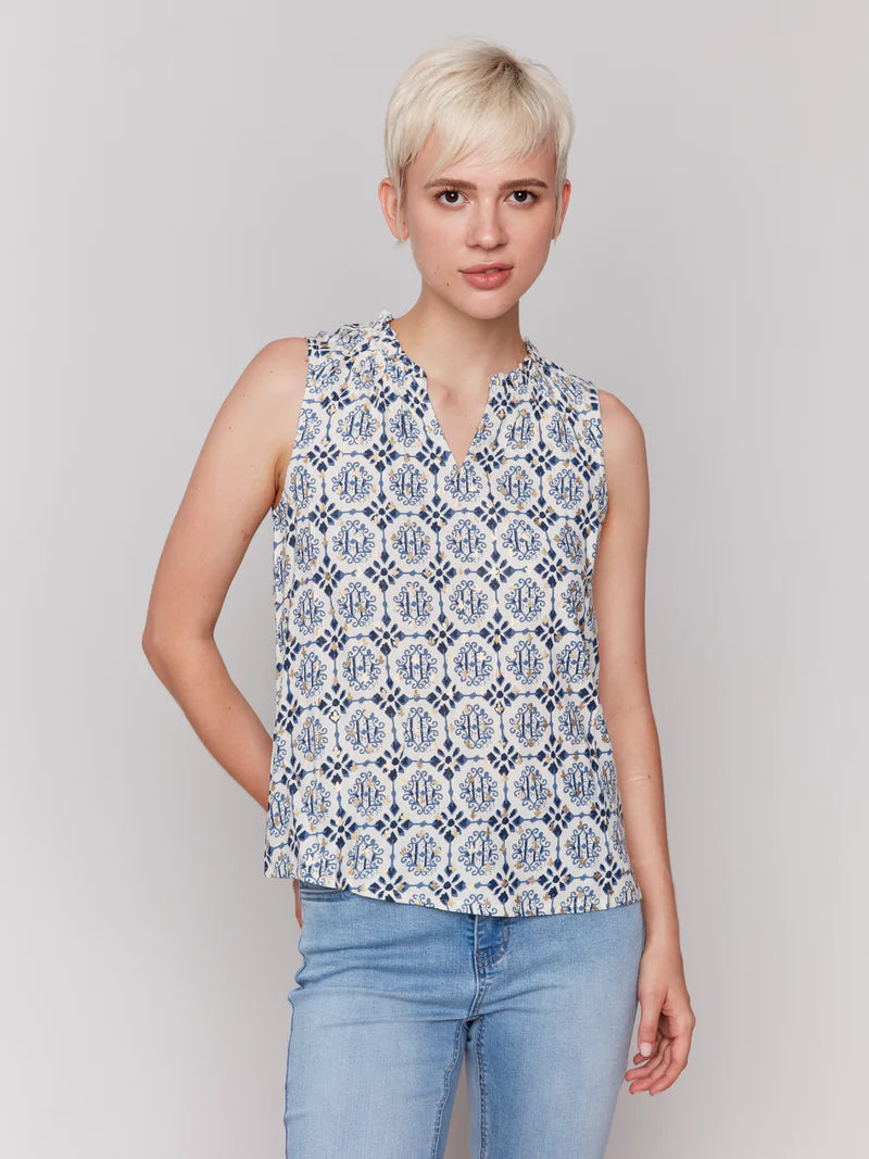 BLOUSE | SLEEVELESS RUFFLE COLLAR-Top-CHARLIE B-Coriander