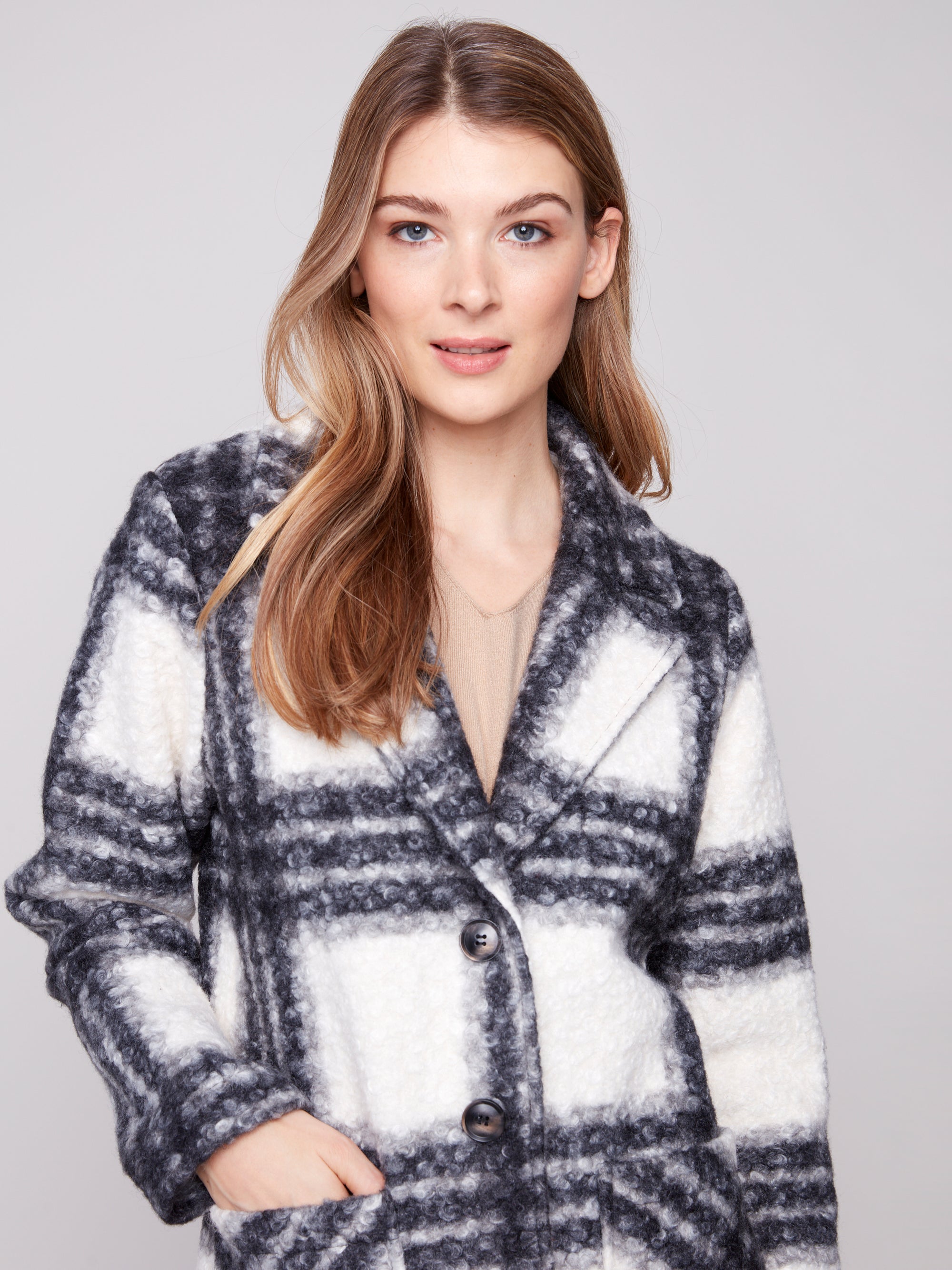 COAT | PLAID BOUCLE KNIT TAILORED COLLAR-Jackets & Sweaters-CHARLIE B-Coriander