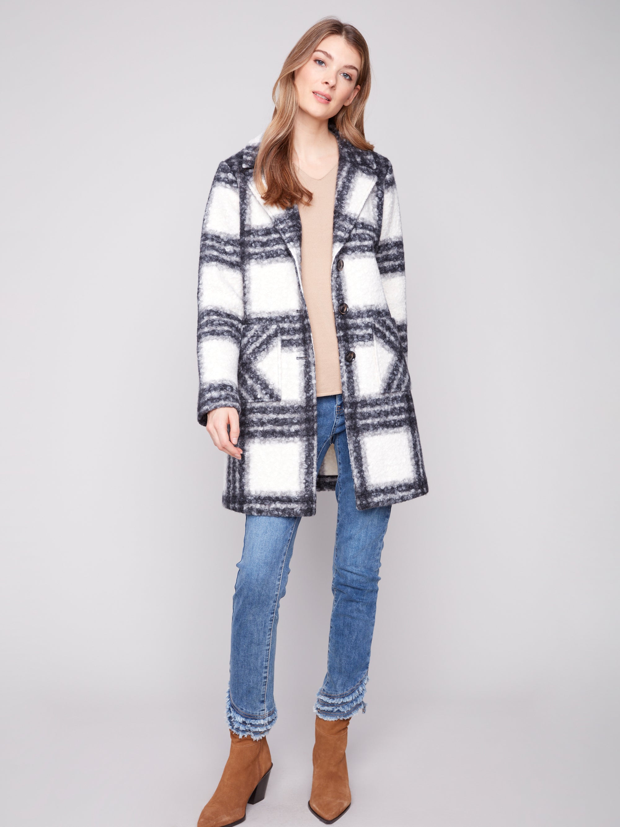COAT | PLAID BOUCLE KNIT TAILORED COLLAR-Jackets & Sweaters-CHARLIE B-Coriander