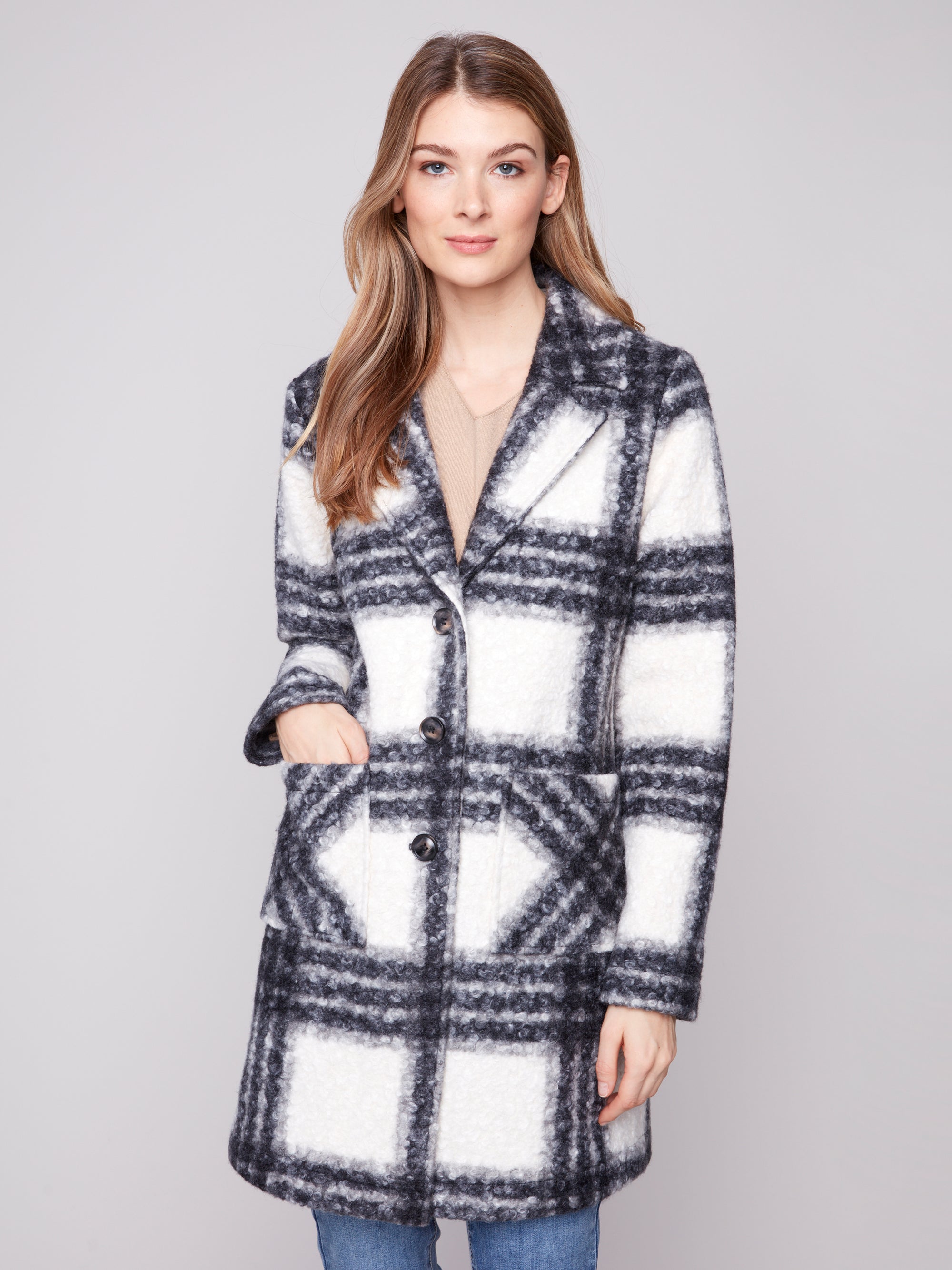COAT | PLAID BOUCLE KNIT TAILORED COLLAR-Jackets & Sweaters-CHARLIE B-SMALL-BLACK AND WHITE-Coriander