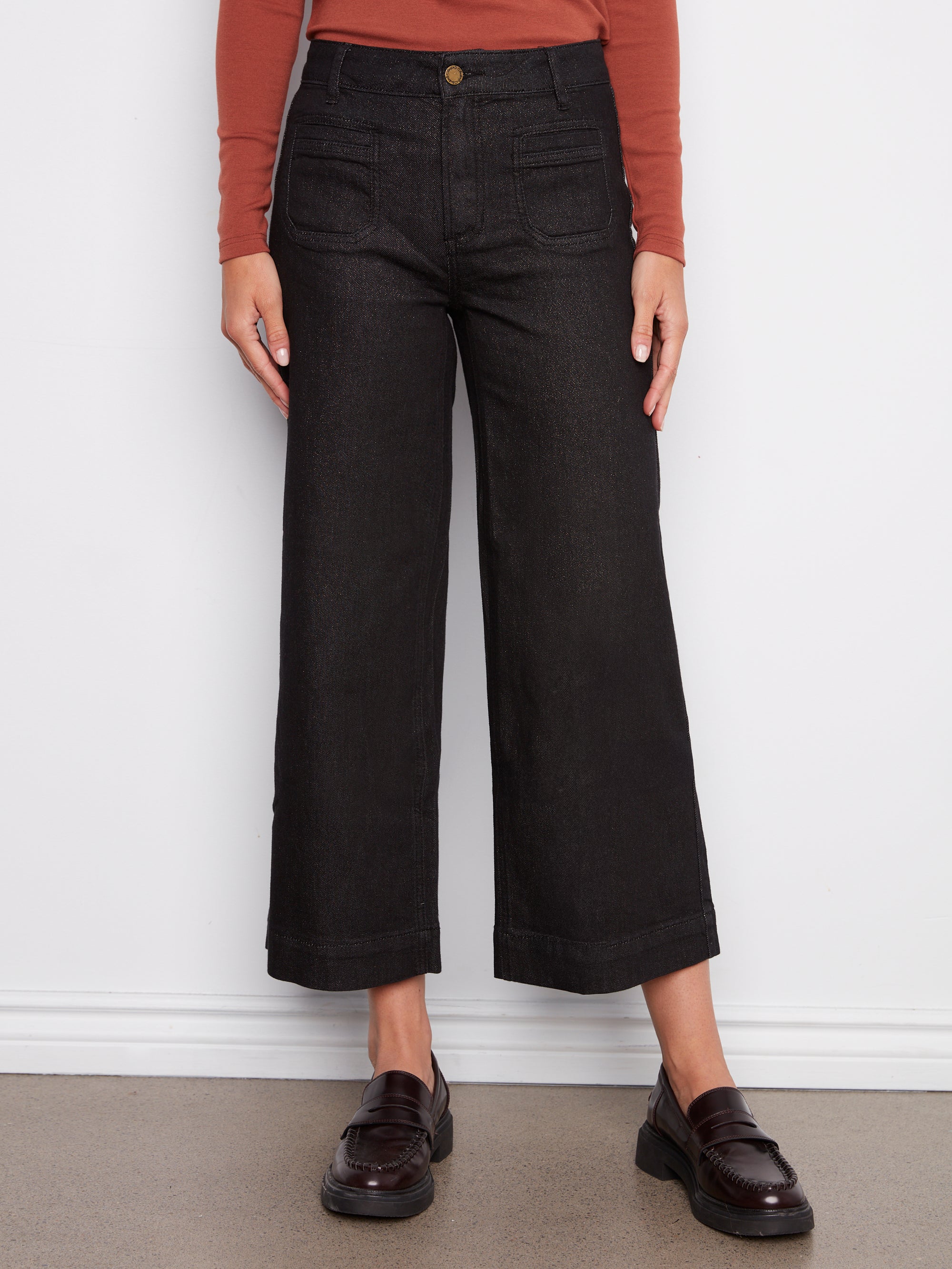 COLOUR TWILL PANTS | CROP-Bottoms-CHARLIE B-2-Black-Coriander