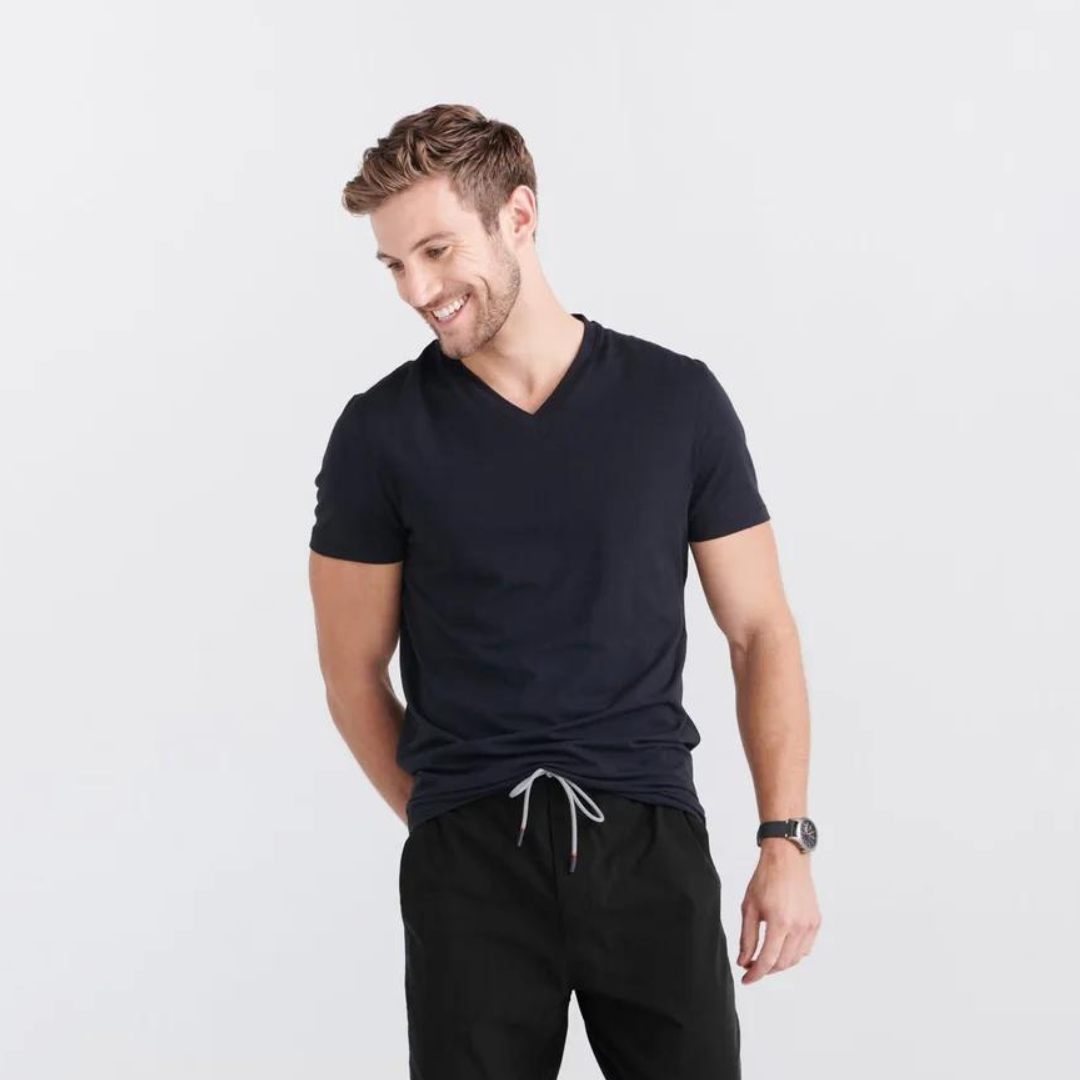 DROPTEMP COOL COTTON V-NECK | BLACK-Shirts & Tops-SAXX-SMALL-BLACK-Coriander