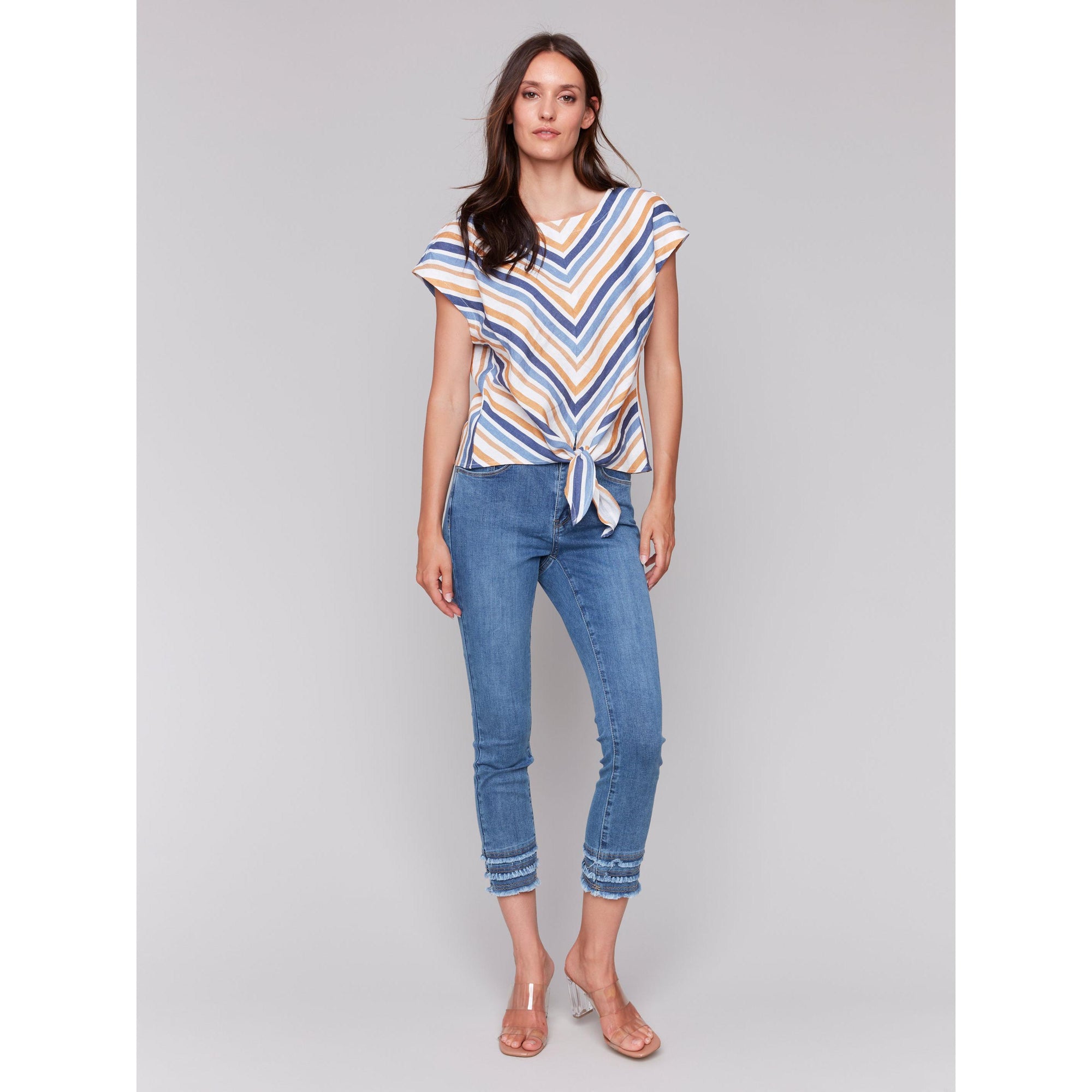 FRONT TIE TOP | STRIPED CAP SLEEVE-Tops-CHARLIE B-Coriander