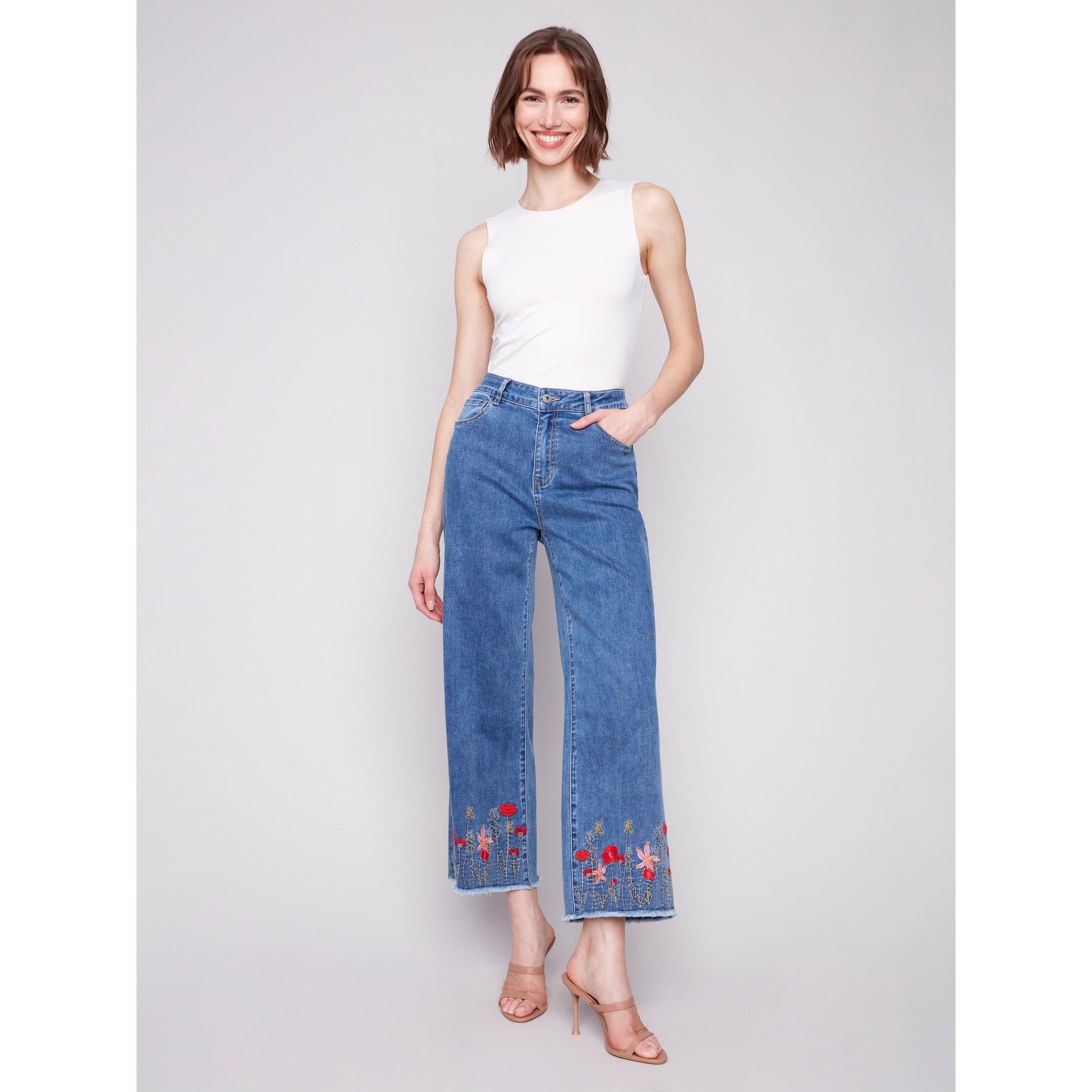 JEANS | WIDE LEG EMBROIDERED FLOWERS-Denim-CHARLIE B-Coriander