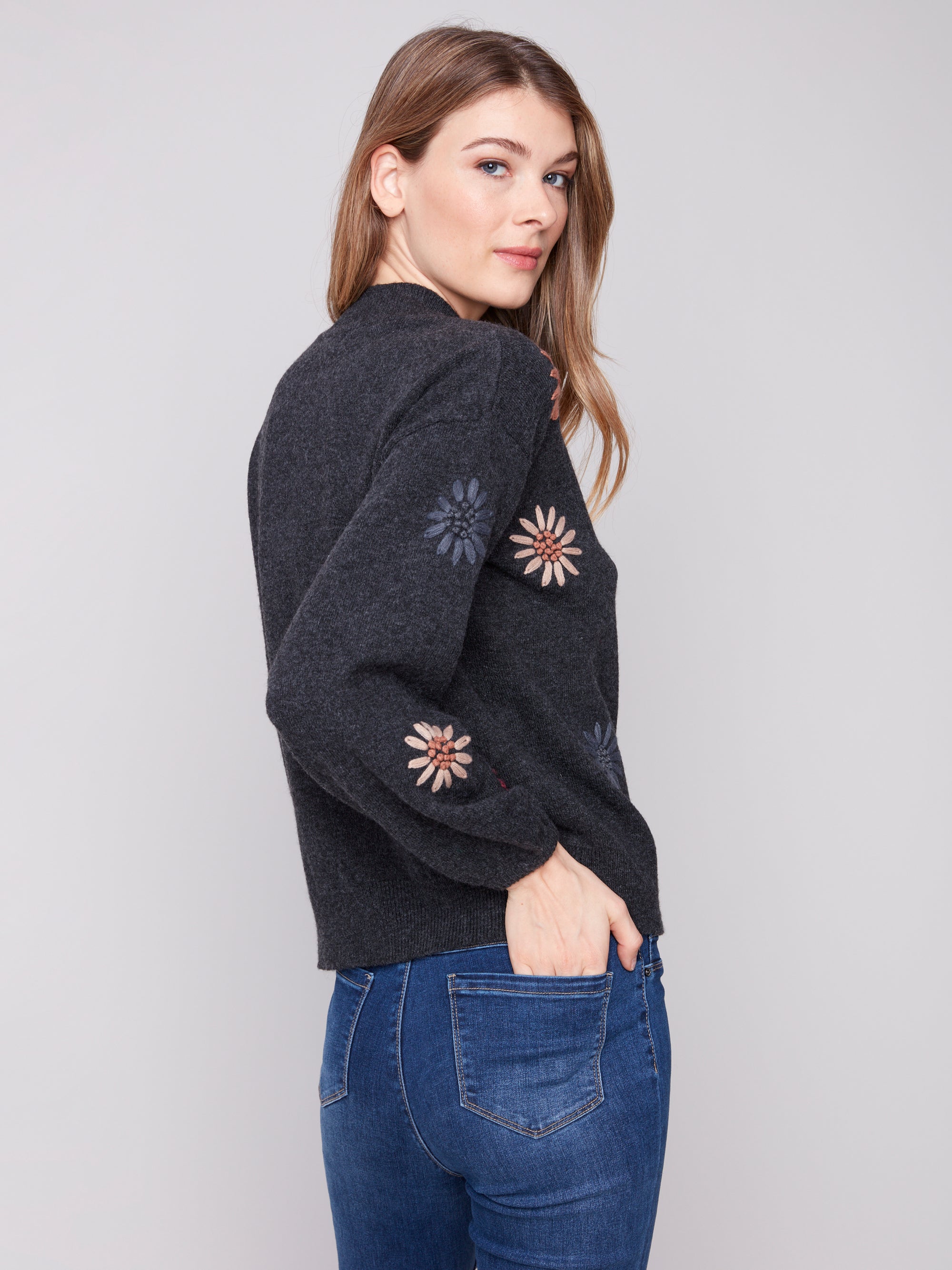 PULLOVER SWEATER | MOCK NECK WITH FLORAL EMBROIDERY-Jackets & Sweaters-CHARLIE B-Coriander