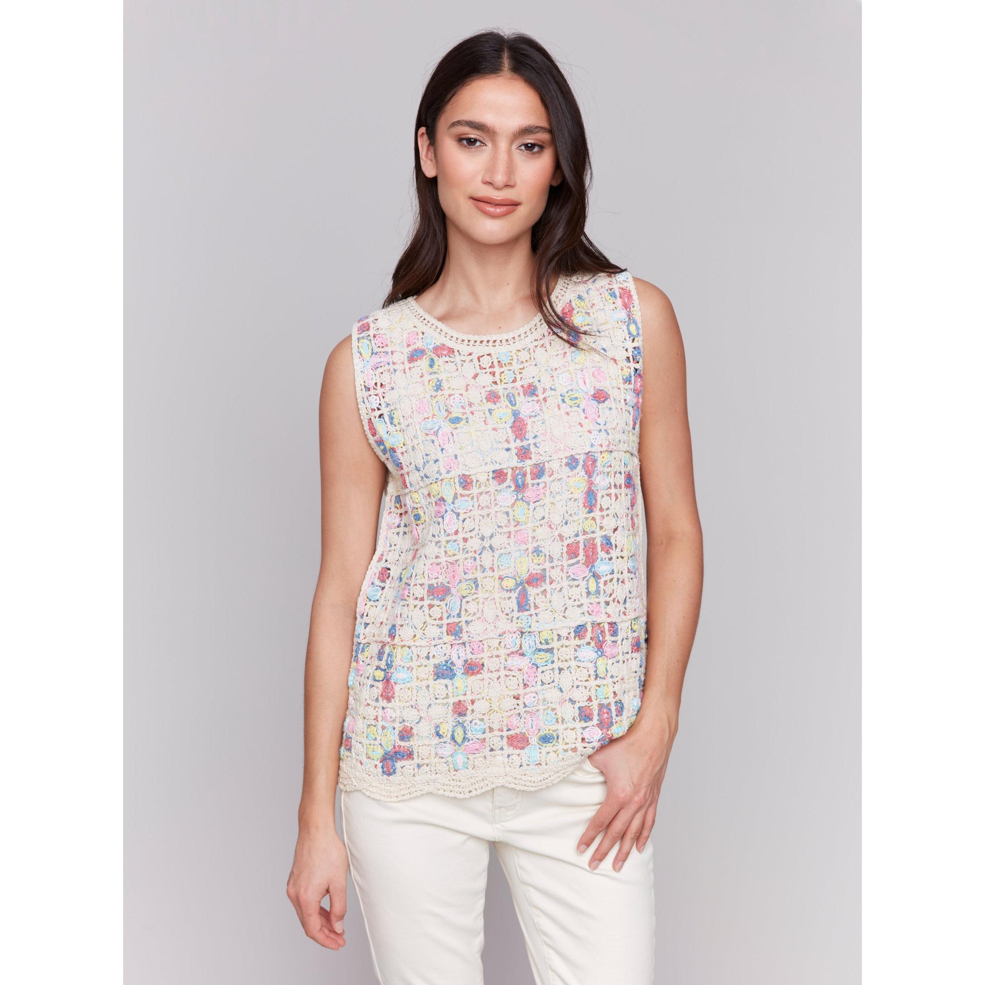 SLEEVELESS TOP | CROCHET CREW NECK-Tops-CHARLIE B-Coriander