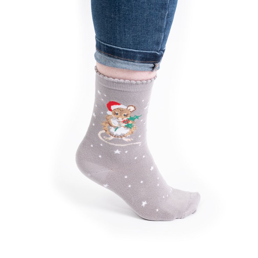 WOMEN'S SOCKS | CHRISTMOUSE GREY-Socks & Footwear-WRENDALE DESIGNS-Coriander