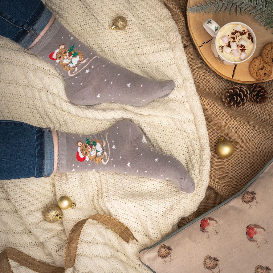WOMEN'S SOCKS | CHRISTMOUSE GREY-Socks & Footwear-WRENDALE DESIGNS-Coriander