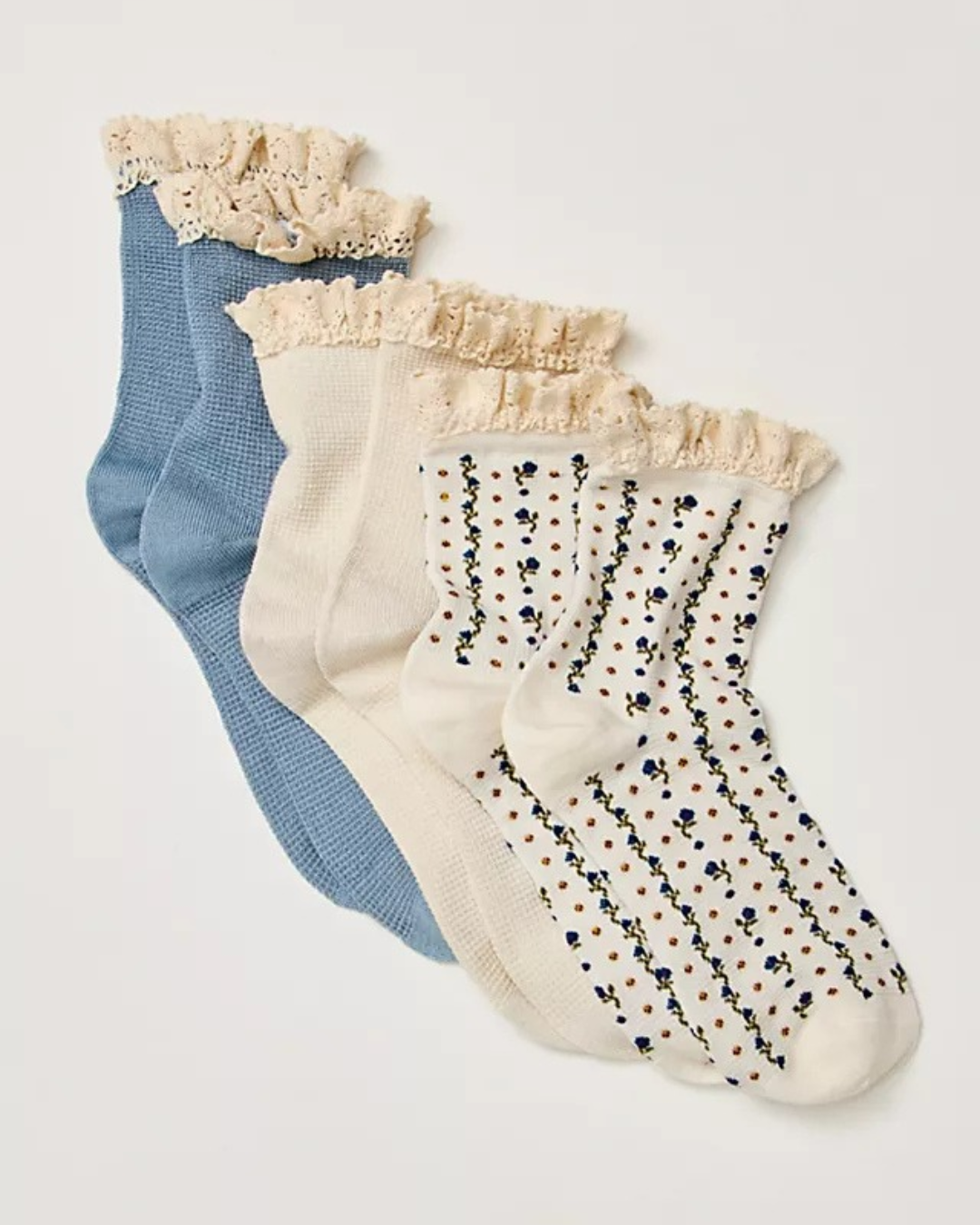 3-PACK WOMEN'S SOCKS | RUFFLE: BLUE-Socks & Footwear-FREE PEOPLE-Coriander