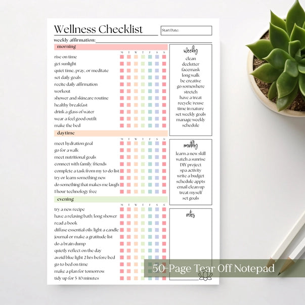 50 PAGE TEAR-OFF NOTEPAD | WELLNESS CHECKLIST