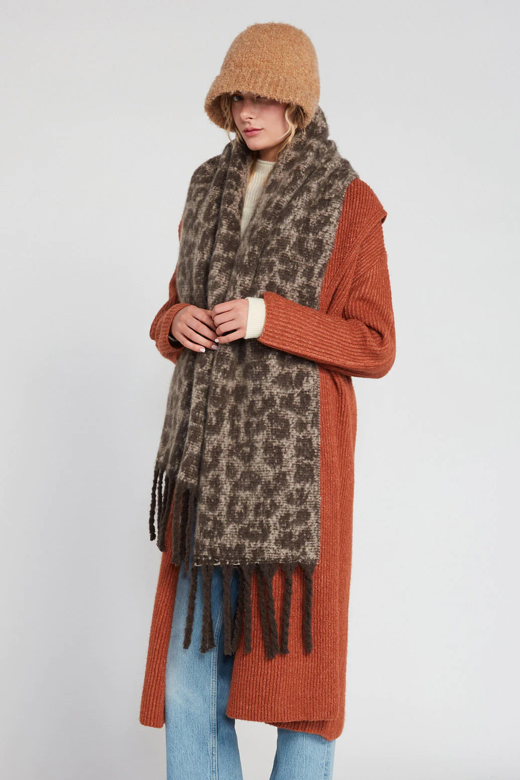 ANIMAL PRINT TASSEL SCARF-Scarves & Wraps-LOOK BY M-MOCHA-Coriander