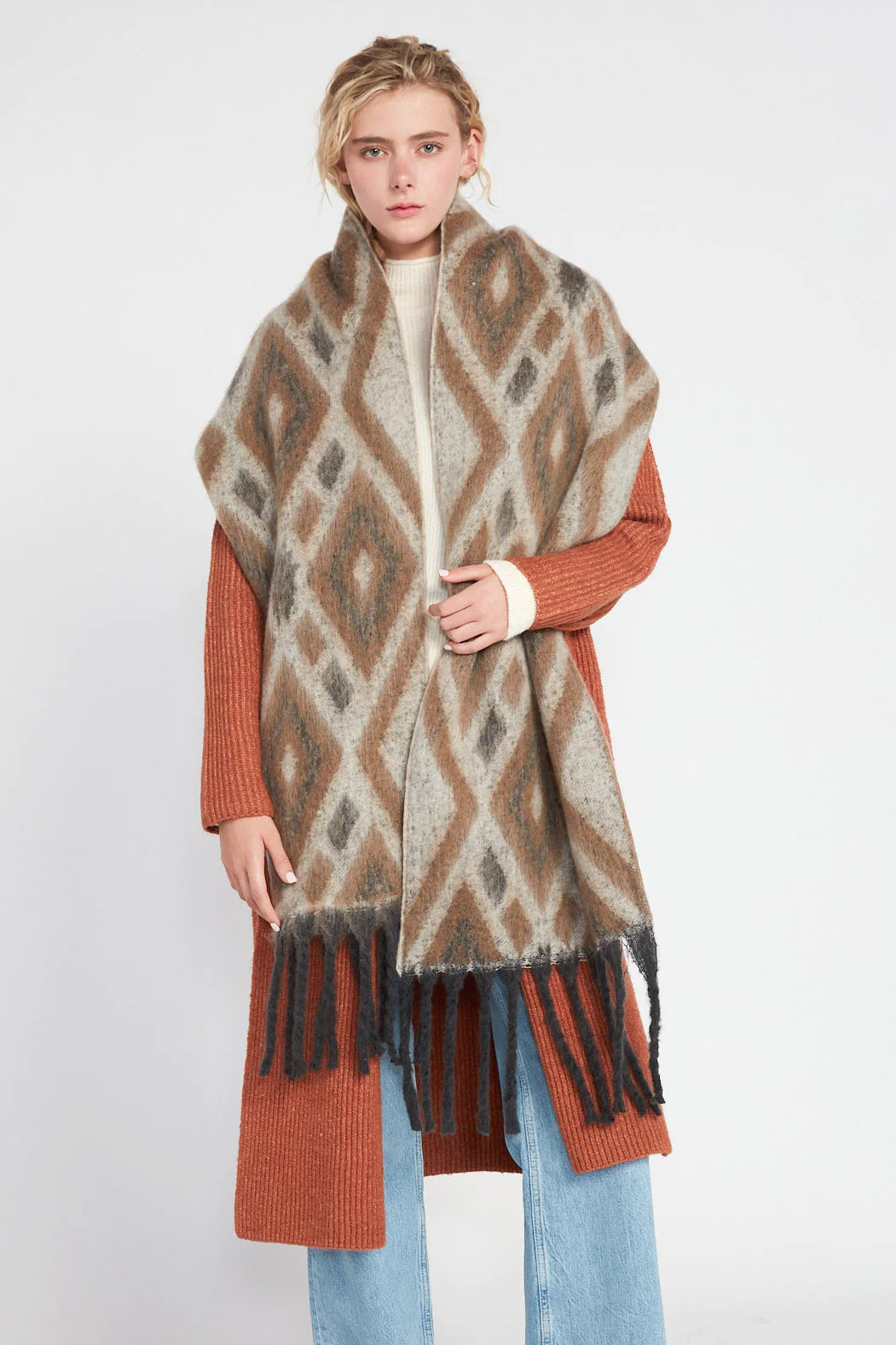 AZTEC GRUNGE SCARF-Scarves & Wraps-LOOK BY M-TAUPE-Coriander