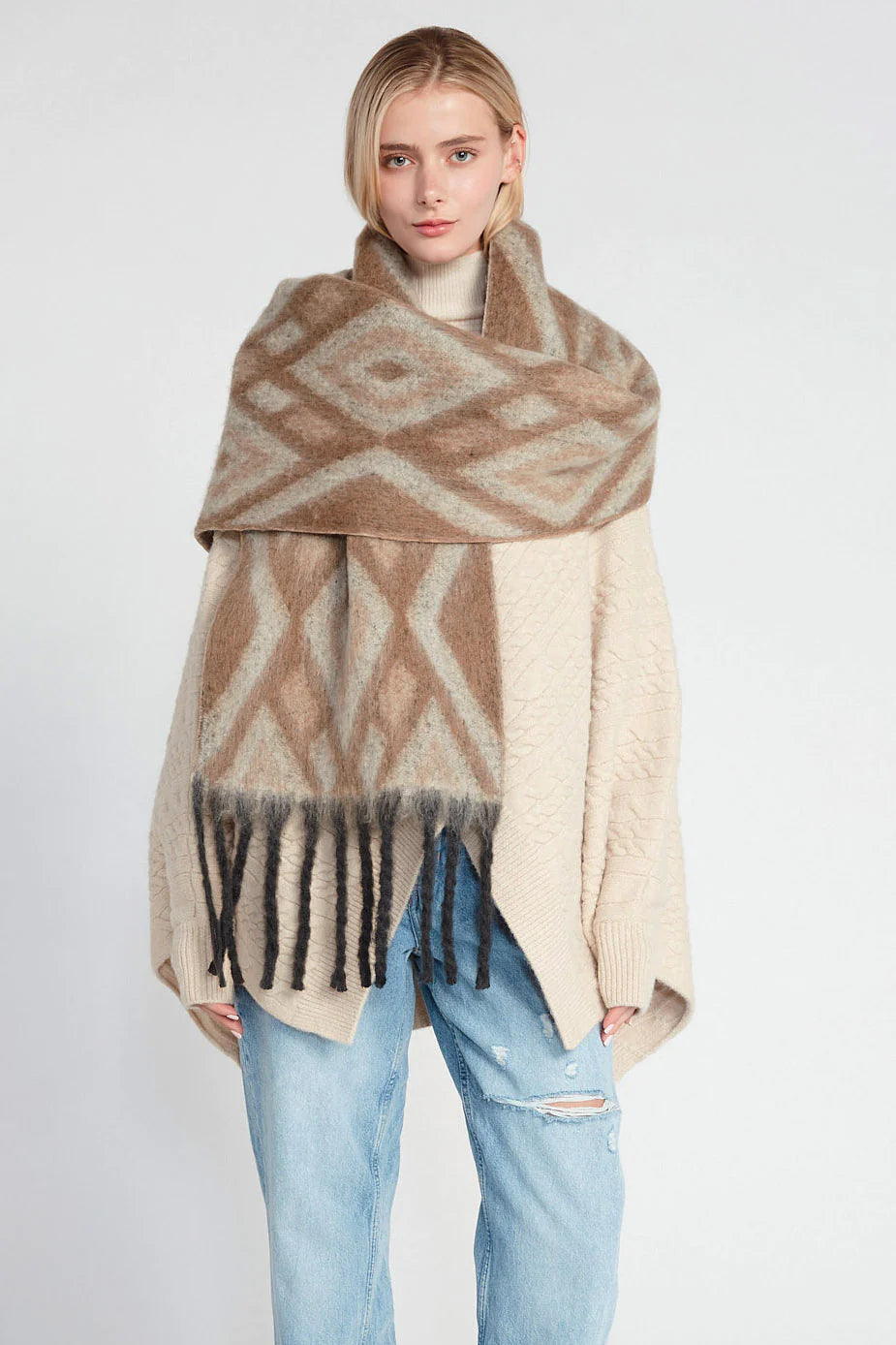 Cashmere Scarf with Classic Plaid & Fringe in Mocha, Blue, & Black