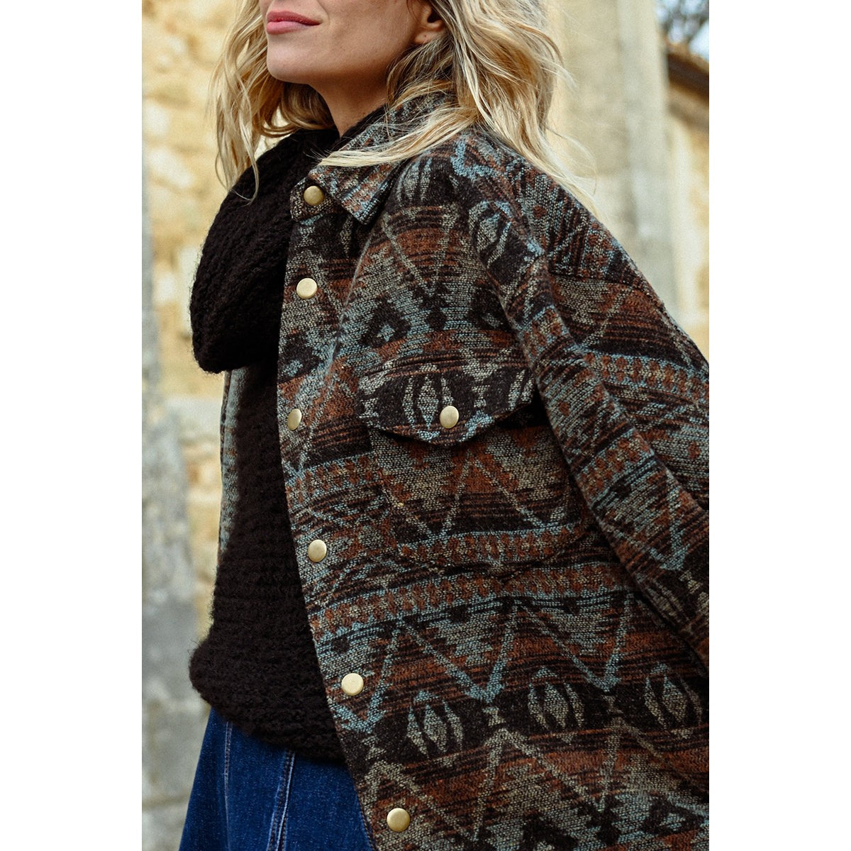 AZTEC SHACKET-Jackets & Sweaters-MOLLY BRACKEN-Coriander