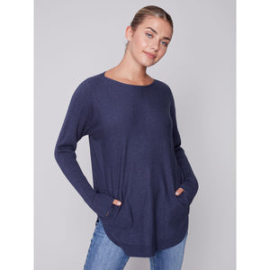 BACK EYELET DETAIL SWEATER-Jackets & Sweaters-CHARLIE B-XSMALL-DENIM-Coriander