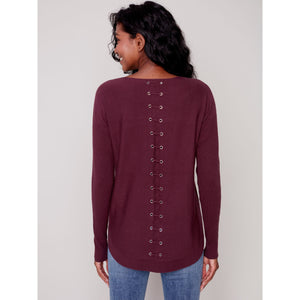 BACK EYELET DETAIL SWEATER-Jackets & Sweaters-CHARLIE B-XSMALL-PORT-Coriander