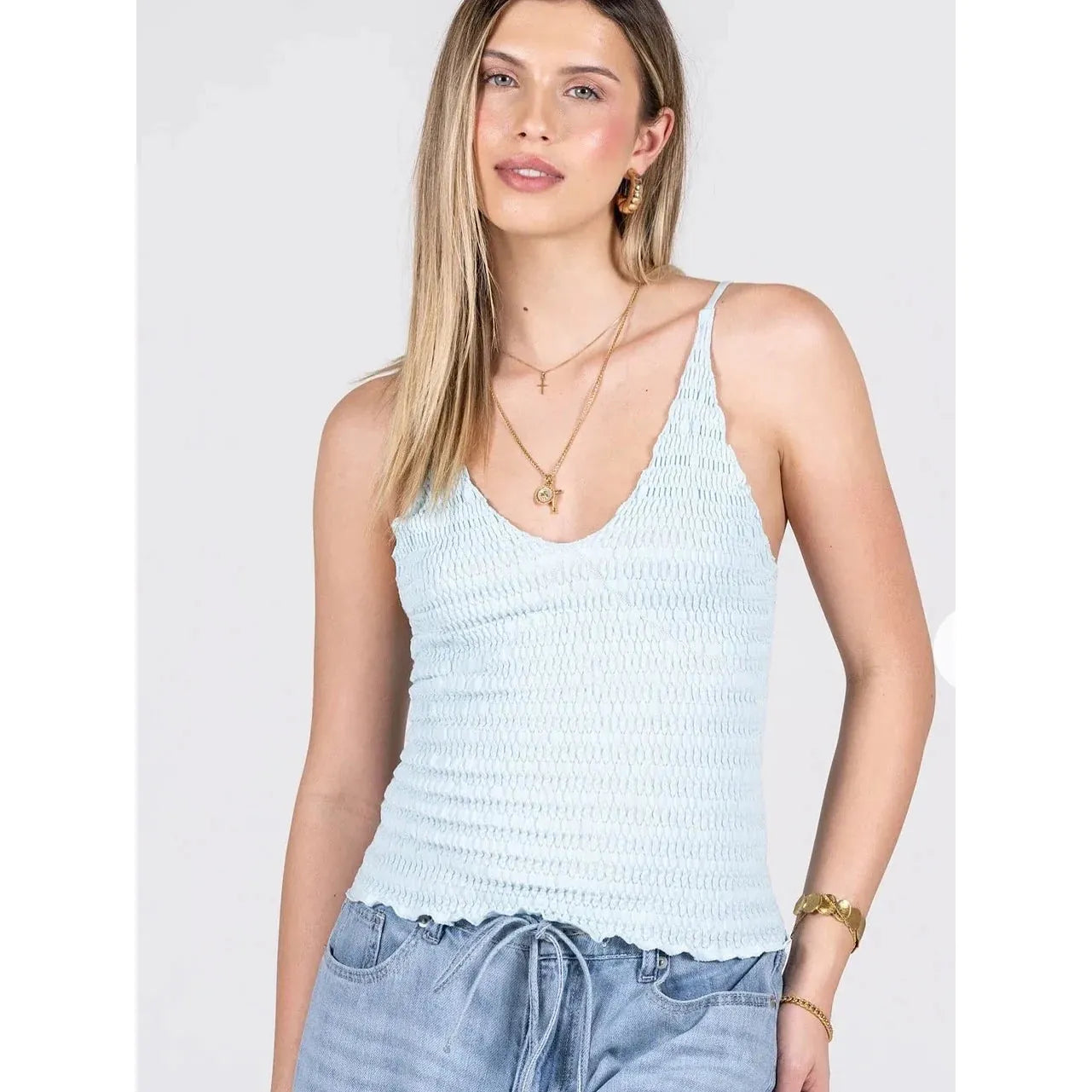 BAMBOO CAMI | SEAMLESS SMOCKED-Basics-CEST MOI-ONE-SKY BLUE-Coriander