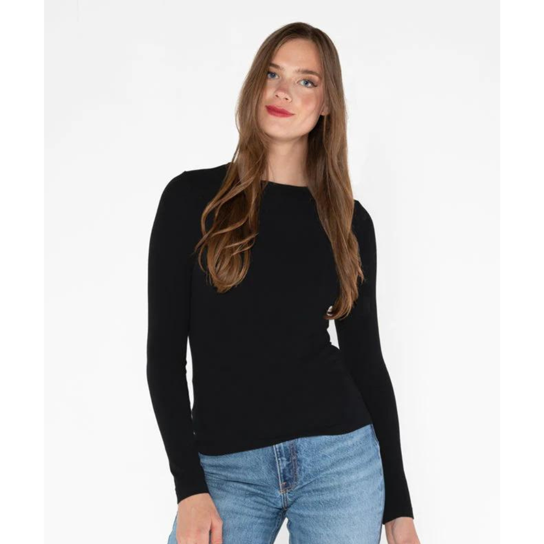 BAMBOO LONG SLEEVE CREW NECK TOP-Basics-CEST MOI-ONE-Black-Coriander