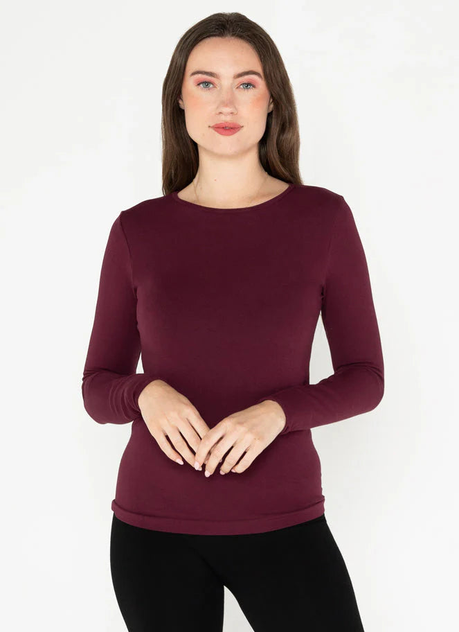 BAMBOO LONG SLEEVE CREW NECK TOP-Basics-CEST MOI-ONE-Bordeaux-Coriander