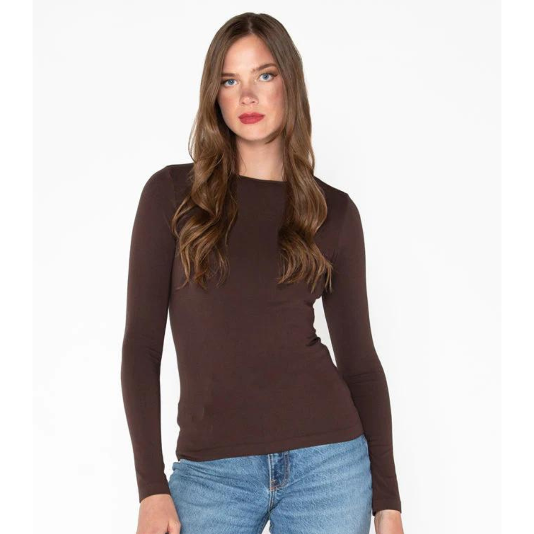 BAMBOO LONG SLEEVE CREW NECK TOP-Basics-CEST MOI-ONE-Brown-Coriander