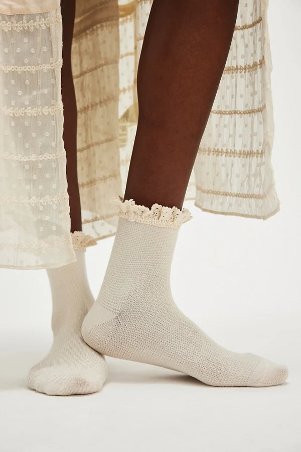 BELOVED WAFFLE KNIT ANKLE SOCK | IVORY-Socks & Footwear-FREE PEOPLE-Coriander