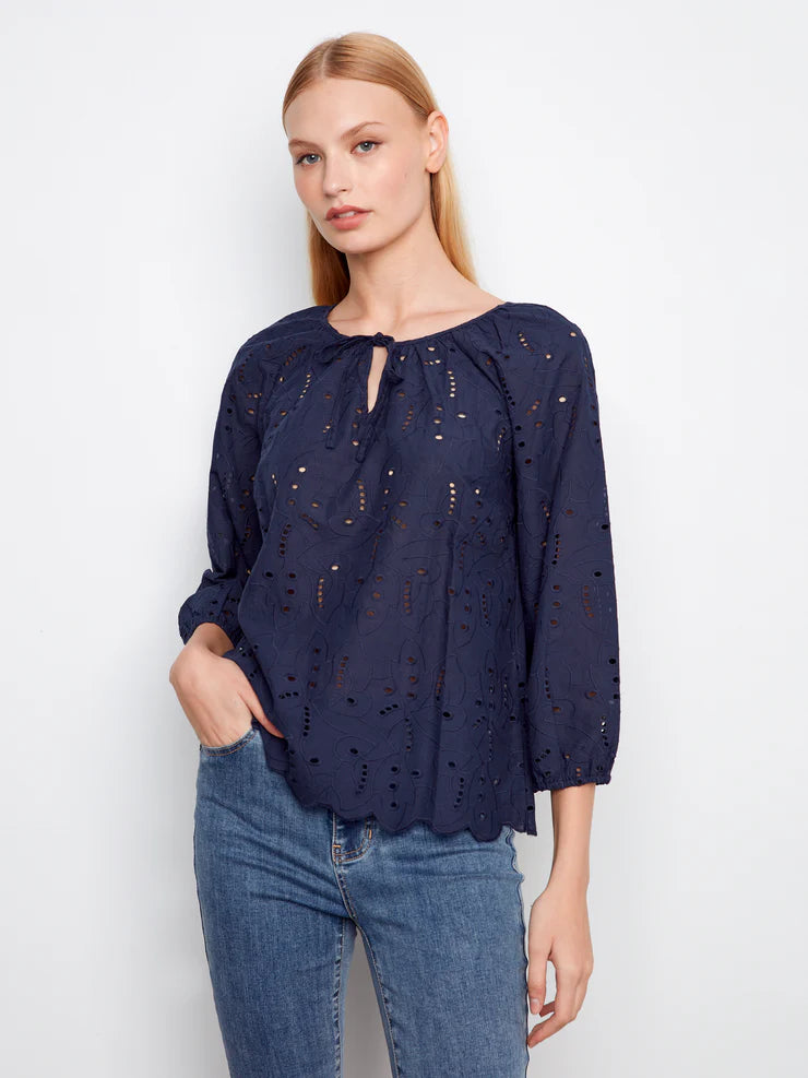 BLOUSE | EYELET TIE CLOSE-Top-CHARLIE B-XSMALL-NAVY-Coriander