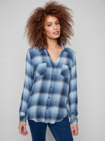 BLOUSE | PLAID BUTTON FRONT-Tops-CHARLIE B-XSMALL-DENIM-Coriander