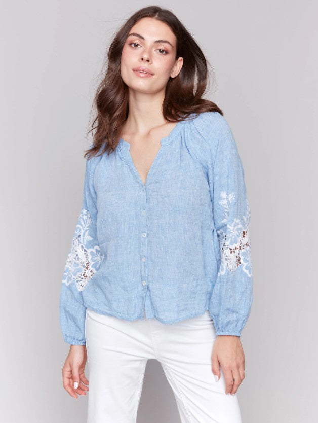 BLOUSE | RAGLAN LONG SLEEVE EMBROIDERED-Tops-CHARLIE B-XSMALL-CHAMBRAY-Coriander