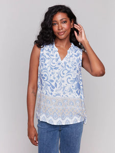 BLOUSE | SLEEVELESS RUFFLE COLLAR-Top-CHARLIE B-XSMALL-ROYAL-Coriander