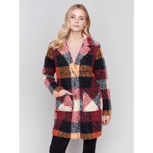 BOUCLE KNIT PLAID COAT-Jackets & Sweaters-CHARLIE B-XSMALL-PLUM-Coriander