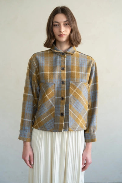 BUTTON DOWN SHIRT JACKET | PLAID-Jackets & Sweaters-ELLE GREY-SMALL-MED-OLIVE-Coriander