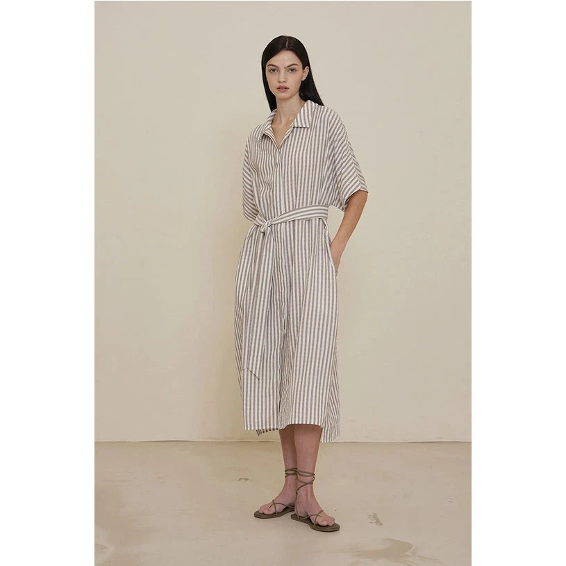 BUTTON DOWN STRIPE DRESS-Dresses-GRADE AND GATHER-SMALL-BROWN ASH-Coriander