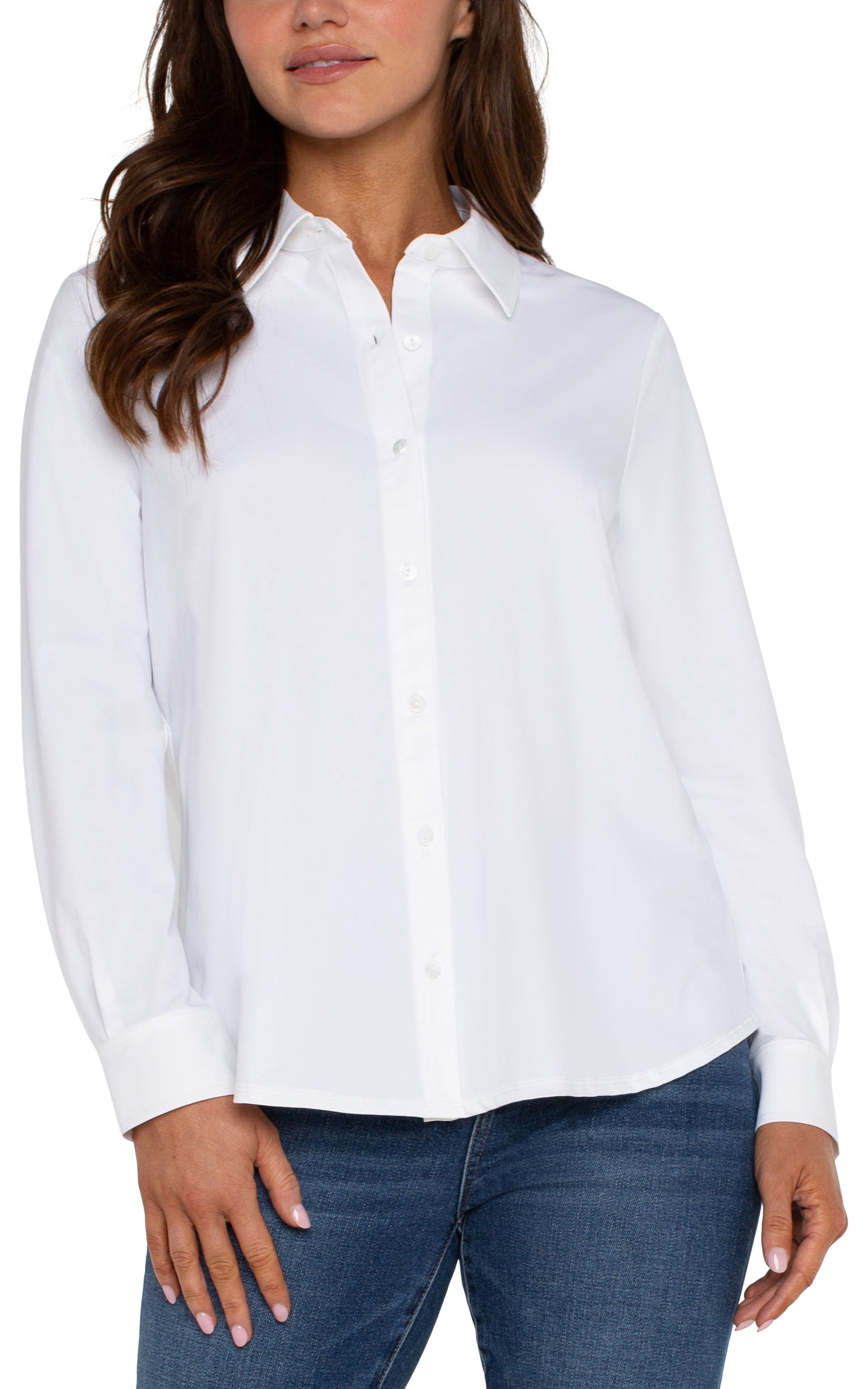 BUTTON FRONT LONG SLEEVE KNIT BLOUSE-Tops-LIVERPOOL-Coriander