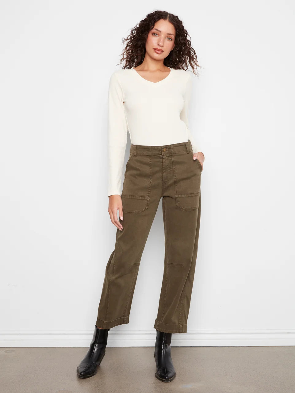 BARREL LEG PANTS | TWILL: OLIVE-Bottoms-CHARLIE B-4-OLIVE-Coriander