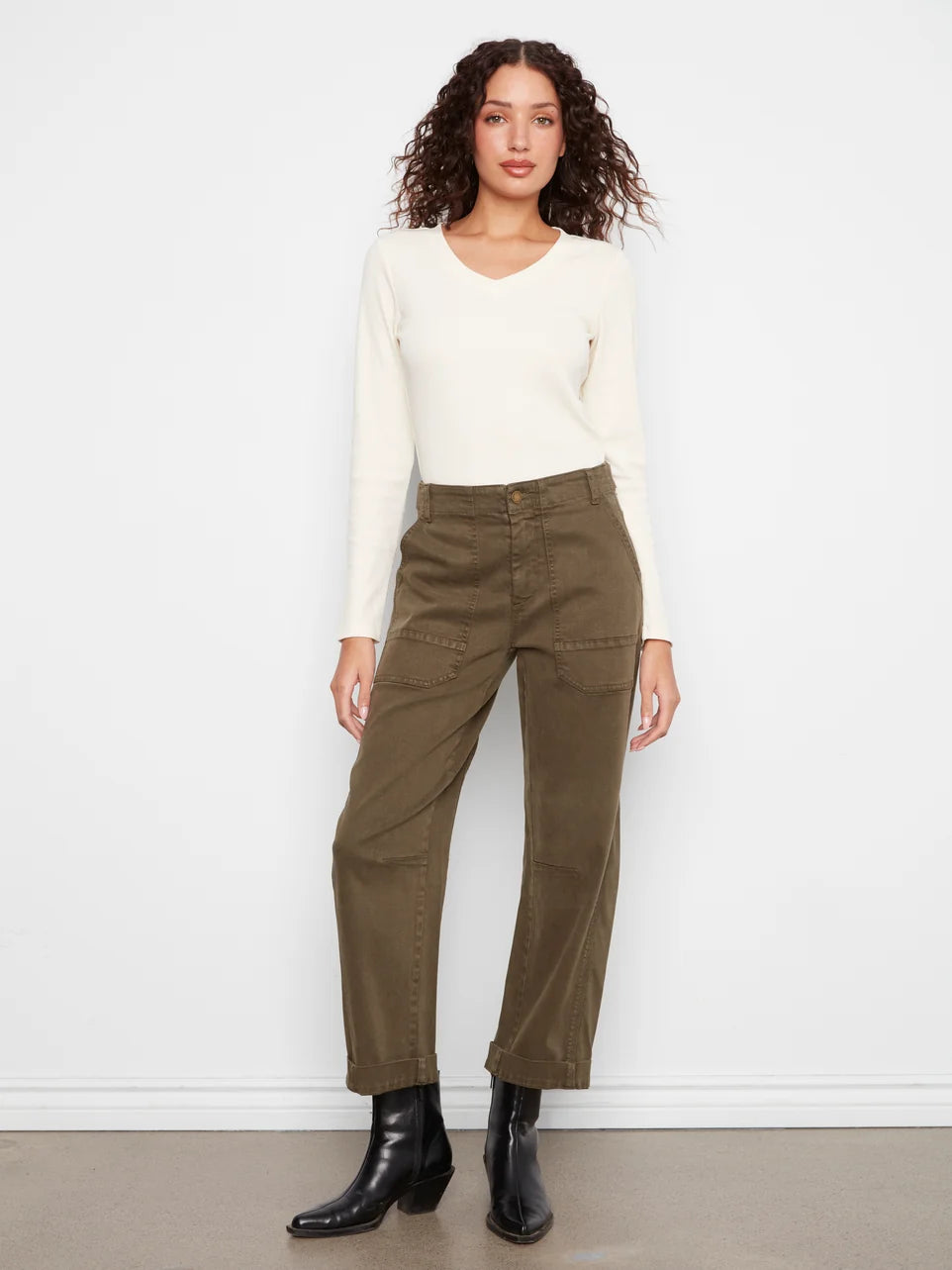 BARREL LEG PANTS | TWILL: OLIVE-Bottoms-CHARLIE B-Coriander