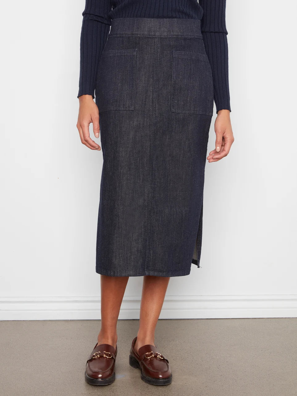 DENIM SKIRT | STRETCH MIDI-Bottoms-CHARLIE B-Coriander
