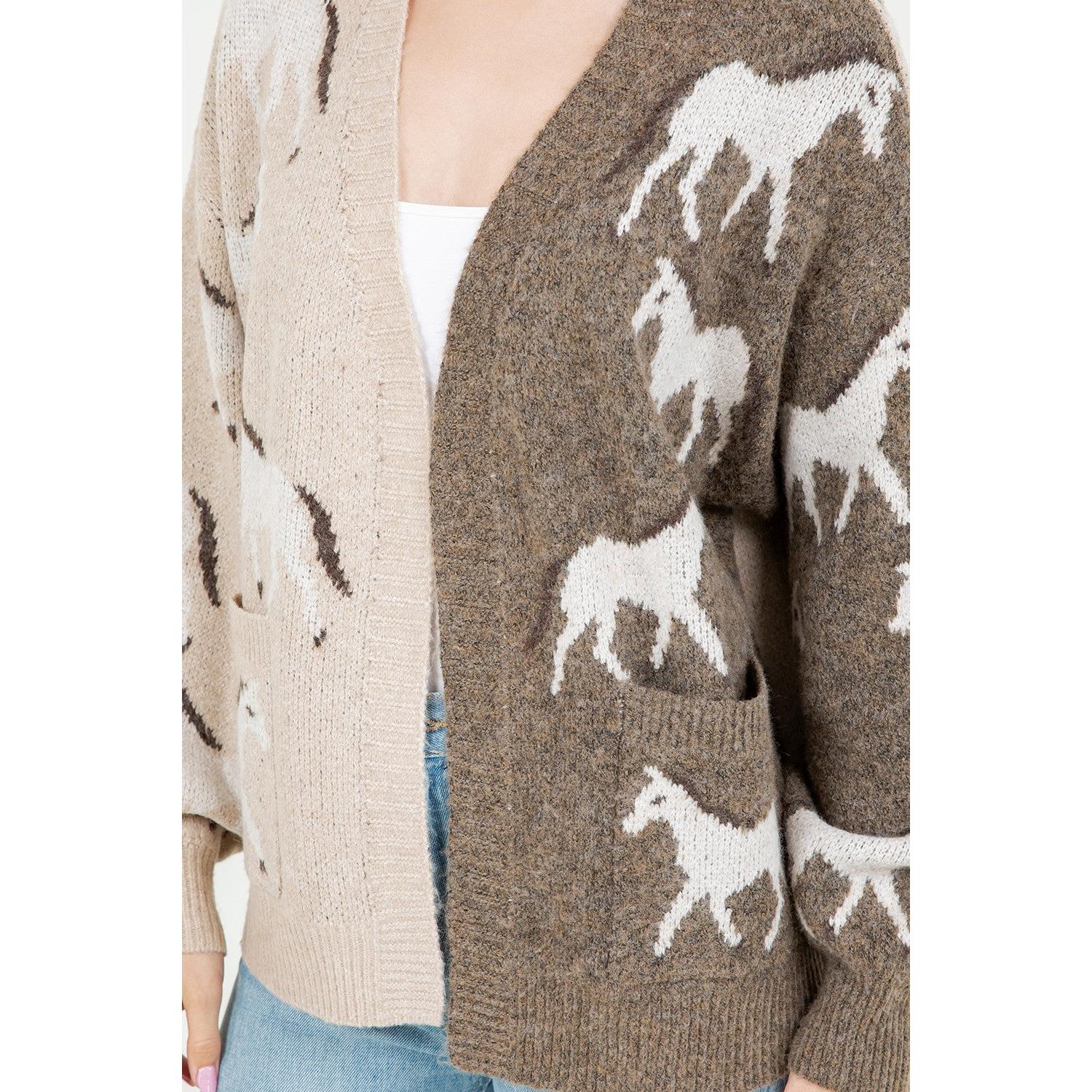 CARDIGAN | HORSE PRINT-Jackets & Sweaters-DREAMERS BY DEBUT-SMALL-MED-TAUPE-Coriander