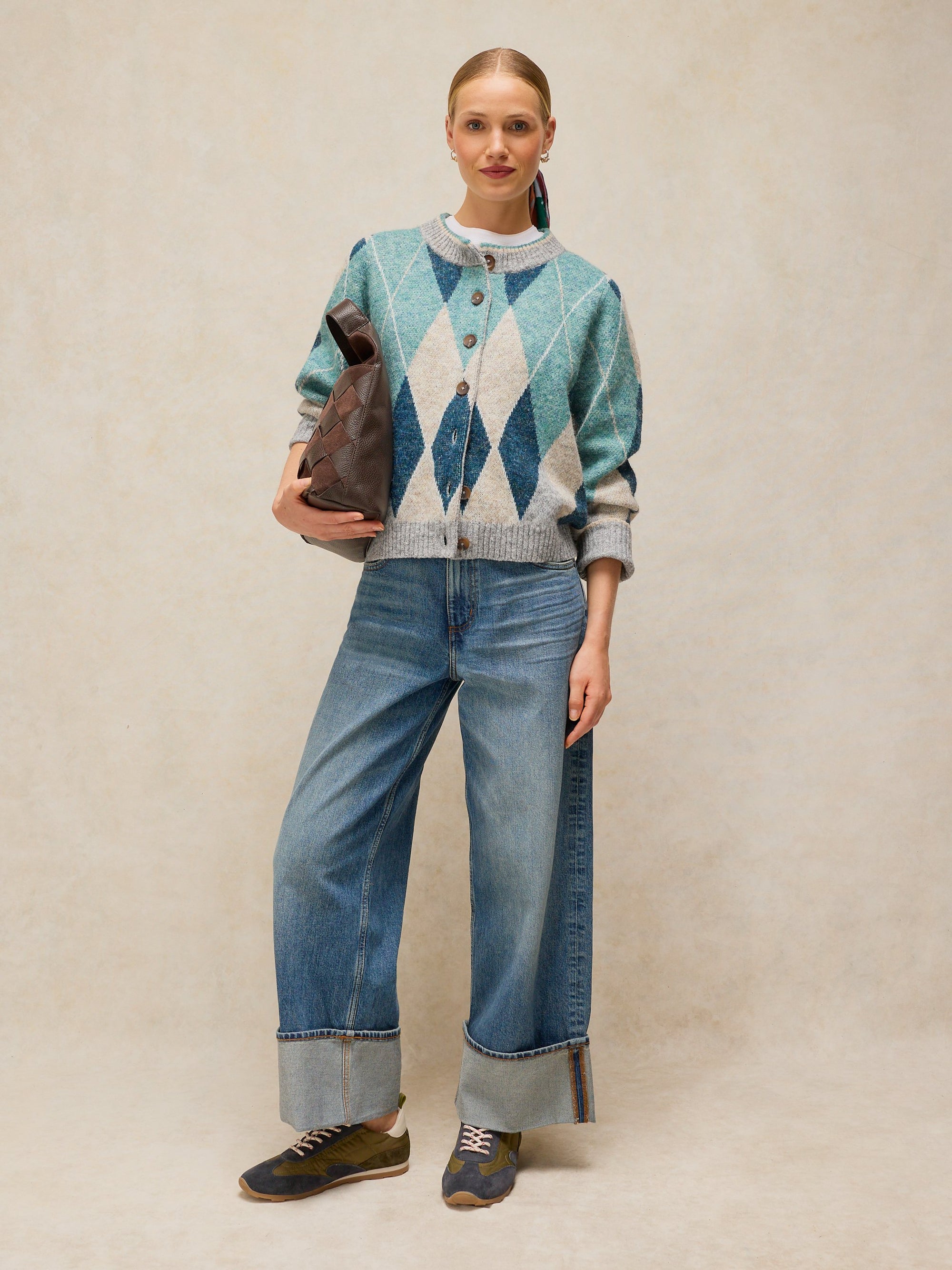 CARDIGAN SWEATER | ARGYLE CHECK-Jackets & Sweaters-WHITE STUFF-Coriander