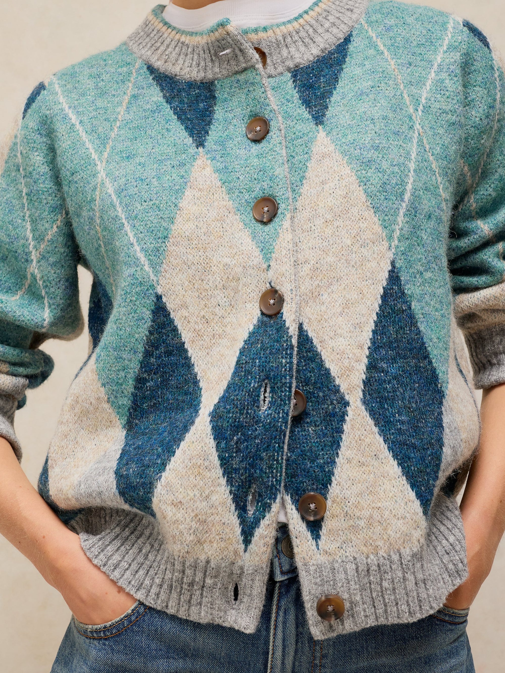 CARDIGAN SWEATER | ARGYLE CHECK-Jackets & Sweaters-WHITE STUFF-6-BLUE MULTI-Coriander