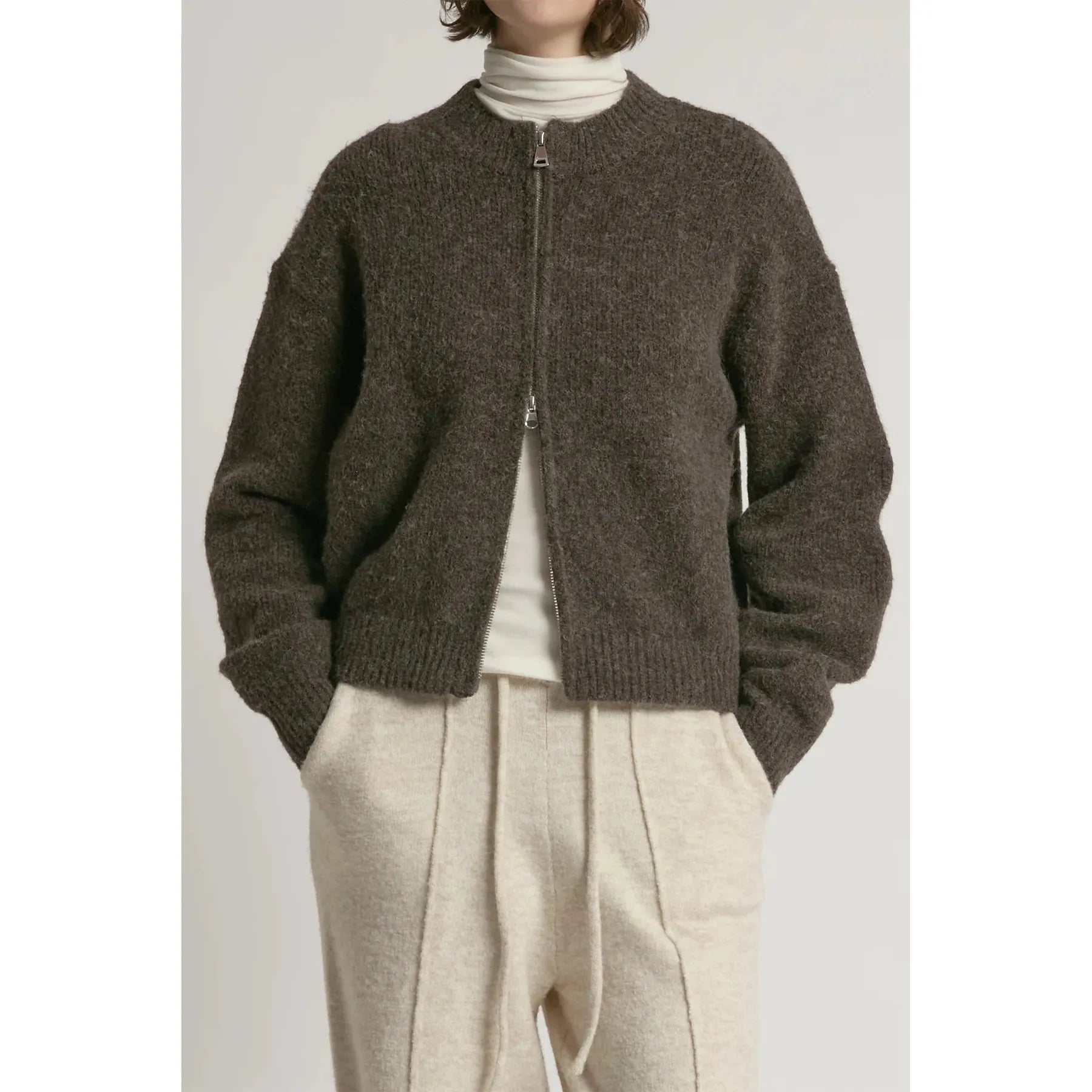 CARDIGAN SWEATER | CROPPED ZIP-UP-Jackets & Sweaters-LOOK BY M-ONE-MOCHA-Coriander