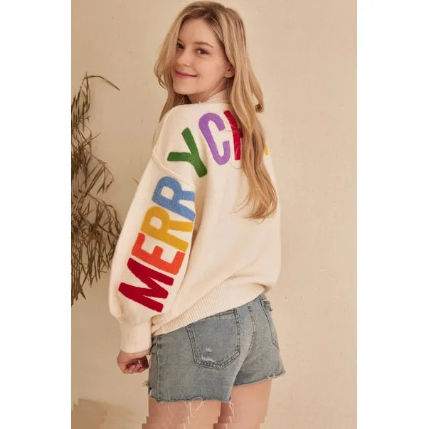 CARDIGAN SWEATER | MERRY CHRISTMAS-Jackets & Sweaters-MELLO-SMALL-IVORY-Coriander