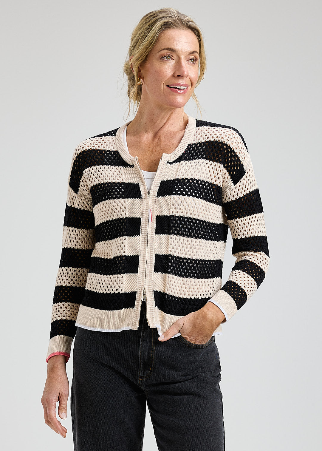 CARDIGAN SWEATER | POINTELLE ZIP-Jackets & Sweaters-ZAKET & PLOVER-XSMALL-CANVAS-Coriander