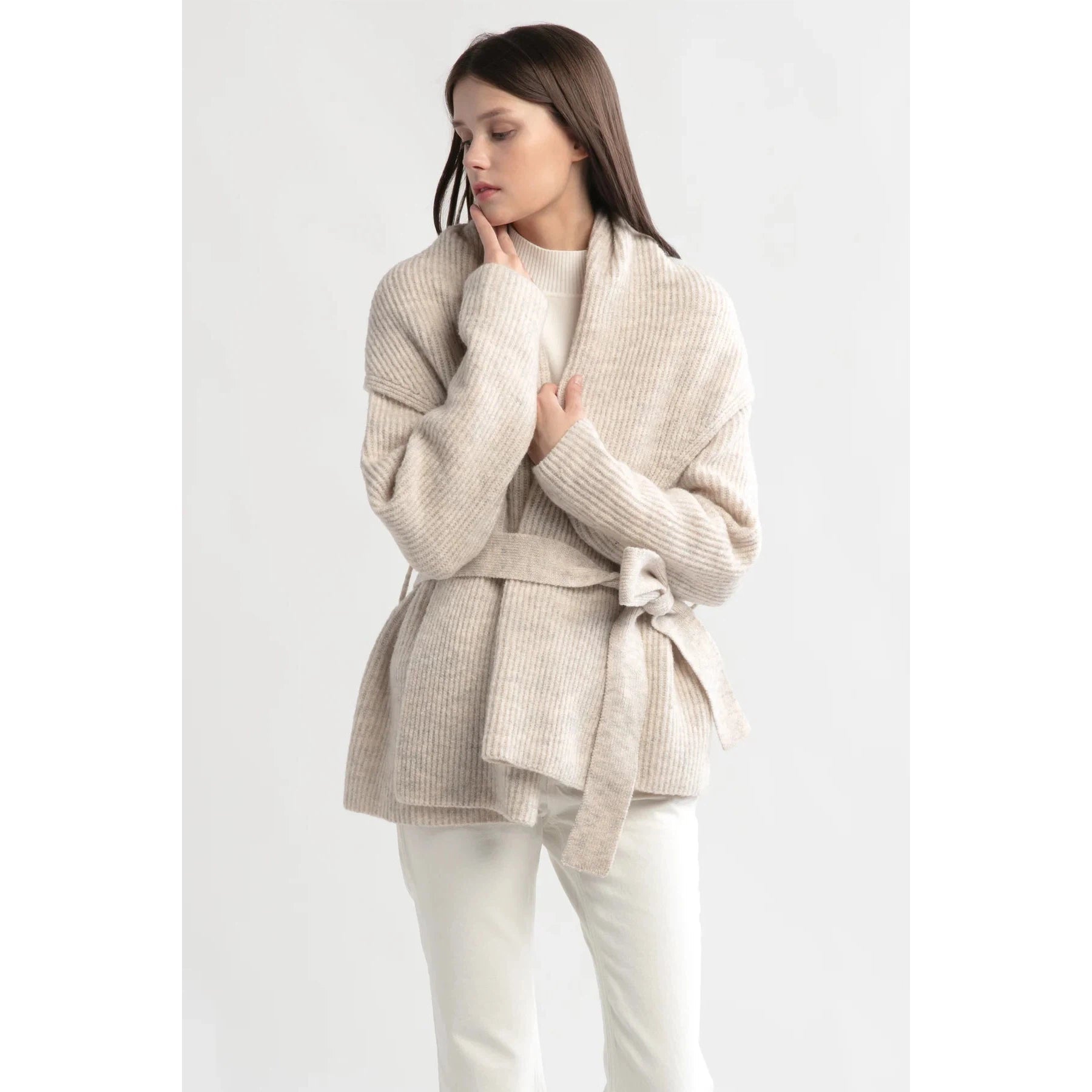 CARDIGAN SWEATER | SHAWL COLLAR BELTED-Jackets & Sweaters-LOOK BY M-Coriander