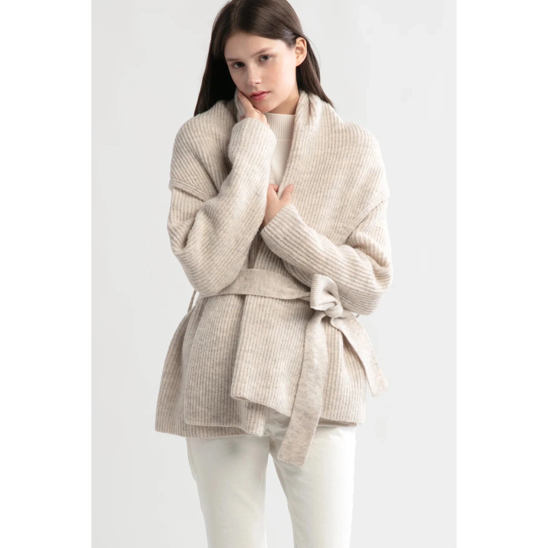 CARDIGAN SWEATER | SHAWL COLLAR BELTED-Jackets & Sweaters-LOOK BY M-ONE-OATMEAL-Coriander