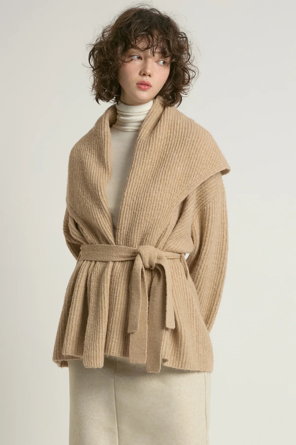 CARDIGAN SWEATER | SHAWL COLLAR BELTED-Jackets & Sweaters-LOOK BY M-ONE-SAND-Coriander