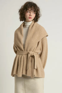 CARDIGAN SWEATER | SHAWL COLLAR BELTED-Jackets & Sweaters-LOOK BY M-ONE-SAND-Coriander