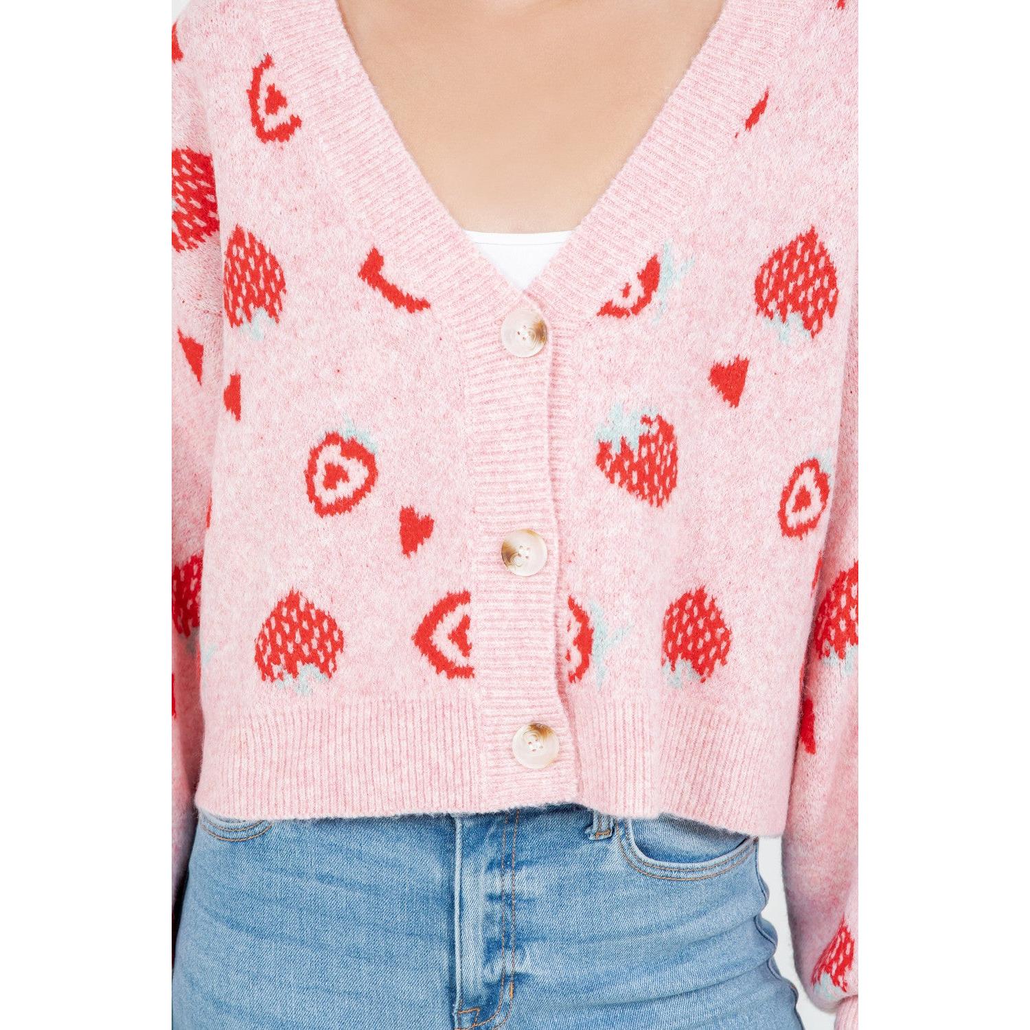 CARDIGAN SWEATER | STRAWBERRY HEART-Jackets & Sweaters-DREAMERS BY DEBUT-SMALL-MED-Pink-Coriander