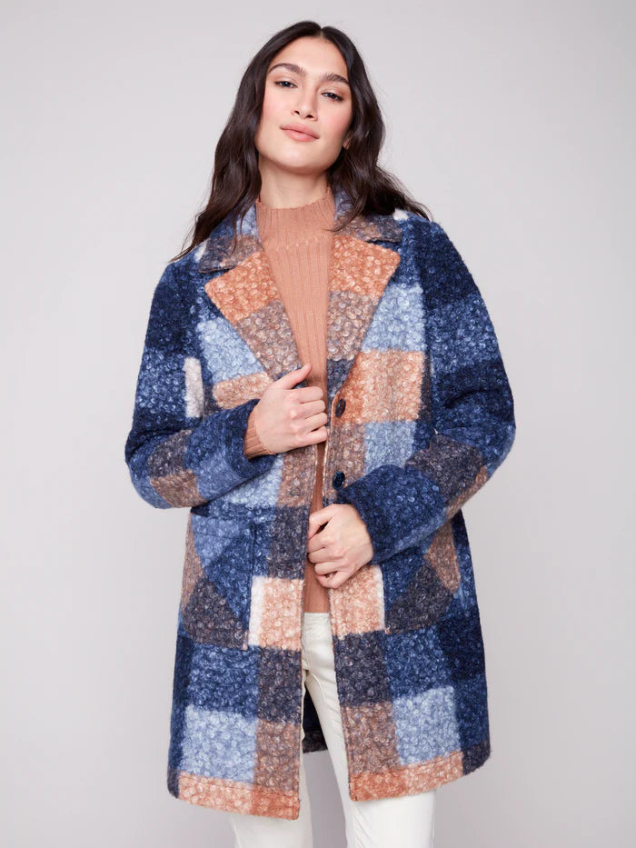 COAT | PLAID BOUCLE KNIT TAILORED COLLAR-Jackets & Sweaters-CHARLIE B-SMALL-MOONLIGHT-Coriander