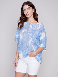 COTTON GAUZE PRINTED BLOUSE-Tops-CHARLIE B-XSMALL-Blue-Coriander