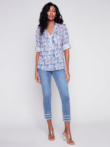 COTTON GAUZE ROLL UP SLEEVE BLOUSE-Tops-CHARLIE B-Coriander